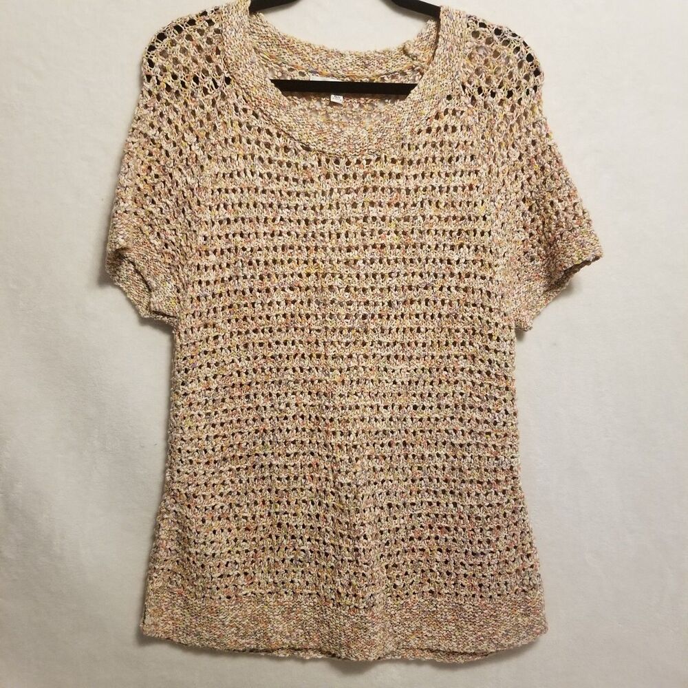 CAbi L Sweater Sorbet Pastel Short Sleeve Open Knit Stretch Beach Cruise Preppy